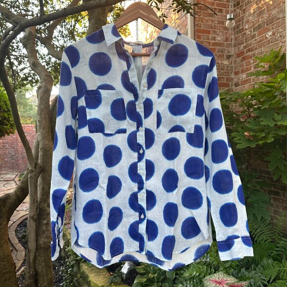Boden Relaxed Linen Blue Polka Dot Long Sleeve Shirt Sz 6R - Picture 1 of 8